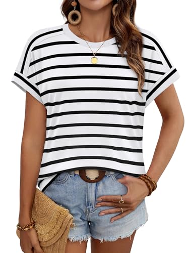 WIHOLL Womens Tops Summer Outfits Spring Clothes Short Sleeve Tshirts Shirts 2026 Fashion Business Casual Lightweight Blouses Black & White Stripes XL