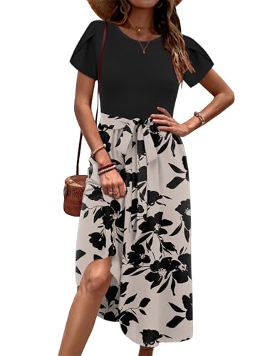 Zeagoo Midi Dresses for Women Casual Summer Dress 2025 Women Short Sleeve Sundress Ladies Floral Print Boho Dress A-Line Dress Black-Floral L