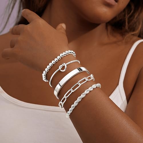 Gokeey Silver Cuff Bracelets for Women,Dainty Silver Bangles Bracelets Set for Women, Paperclip Link Chain Rope Beaded Tie Knot Bracelets Stack Chunky Jewelry