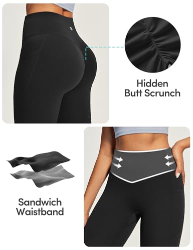 IUGA Mini Flare Leggings for Women Tummy Control Hidden Scrunch Butt Flared Yoga Pants with Pockets No Front Seam Workout Black