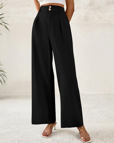 BTFBM Women Wide Leg Dress Pants 2026 High Waisted Button Pleated Business Casual Trousers Office Work Palazzo Pants(Black, X-Large)