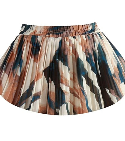 Kingfancy Women's Pleated Skirt Chiffon Elastic Waist A-Line Midi Length Skirt Blue Leaves M