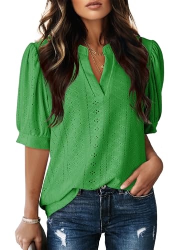 Dokotoo Shirts for Women Short Sleeve Lace Tops for Women Trendy 2026 Dressy Casual Blouses V Neck Summer Ladies Tops Business Casual Outfits for Womens Clothing Elegant Kelly Green Shirts for Women L
