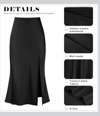 Women's Side Slit A Line Satin Midi Skirt Elastic High Waisted Cheetah Leopard Print Silk Long Skirts for Women