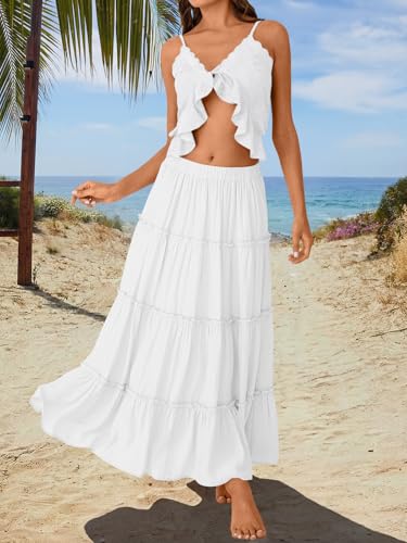 Trendy Queen Beach Vacation Clothes Maxi Skirts for Women Summer Outfits Maxi Skirt 2026 White Dress Longe Flowy Boho Dresses with Pockets S