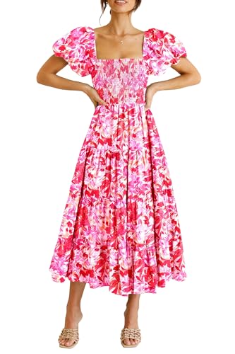 PRETTYGARDEN Women's Casual Summer Midi Dress Puffy Short Sleeve Square Neck Smocked Tiered Ruffle Dresses (Floral Rose Red,Large)