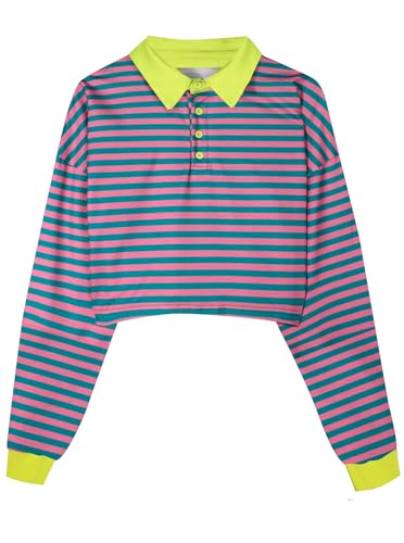 Natalie Winters Dress - Remidoo Women's Collared Half Button Long Sleeve Striped Crop Top Sweatshirt Green Purple