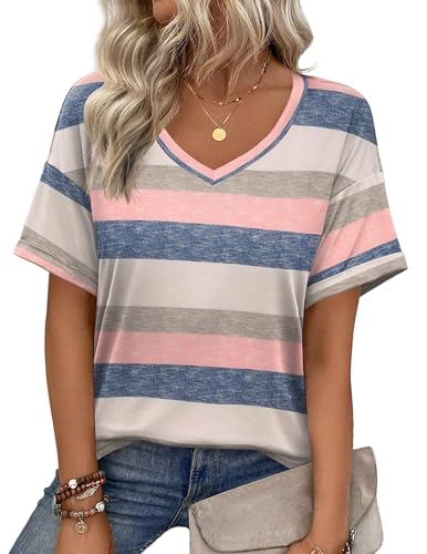 Zeagoo Women Shirts and Blouses Soft V Neck Short Sleeve Striped Pink Blue Loose Casual Summer Tops 2XL