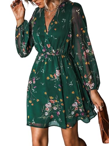 CUPSHE Women's Mini Dress Floral Print V Neck Long Peasant Sleeves Chiffon A-Line Flowy Short Dress Green, XL