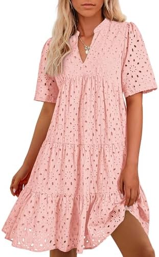 Easter Dress Women - BTFBM Womens Boho Summer Dresses 2025 Resort V Neck Short Sleeve Hollow Out Lace Ruffle Casual Beach Mini Vacation Dress Pink