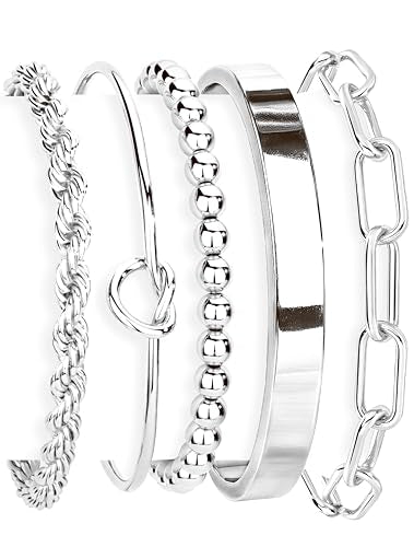 Gokeey Silver Cuff Bracelets for Women,Dainty Silver Bangles Bracelets Set for Women, Paperclip Link Chain Rope Beaded Tie Knot Bracelets Stack Chunky Jewelry