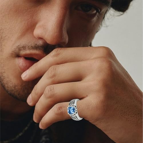 MILKYX Sapphire Arrow Ring for Men,925 Sterling Silver Vintage Boho Native American Gemstone Jewelry Pinky Thumb Western Ring for Dad Father Husband Arrow Lover, Size 6
