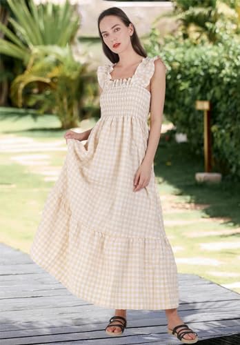 chouyatou Women's Retro Plaid Smocked Dress Spaghetti Strap Flounce Long Dress (Small, Khaki)