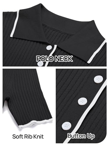 MEROKEETY Women's Spring Summer Ribbed Maxi Dress 2026 Bodycon V Neck Button Short Sleeve Slim Fit Knit Sweater Dresses, Black, Small