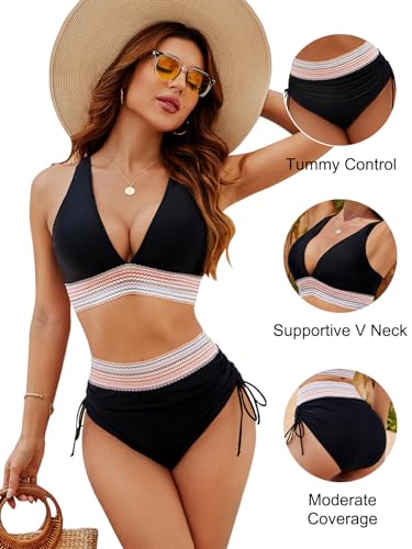 Blooming Jelly Womens High Waisted Bikini Tummy Control Color Block Swimsuits Two Piece Bathing Suit (L, Black)