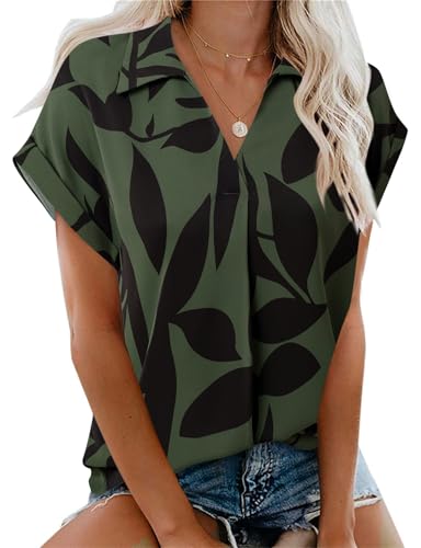 Gaharu Summer Work Blouses for Women: Collared Short Sleeve Green Tops - Dressy Casual Shirts - Womens V Neck Shirts Business Chiffon Attire XL