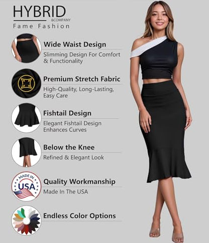 Hybrid & Company Womens Premium Nylon Ponte Stretch Office Fishtail Pencil Skirt KSK45010 1073T BLACK M