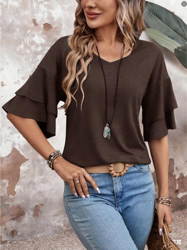 FUNBANG Womens V Neck Short Sleeve Shirts Double Tiered Ruffle T-Shirt Three Quarter Length Sleeve for Spring Summer Blouse 2026 Loose Fit Tunic 2026 Half Bell Fashion Clothes,Coffee Brown,M