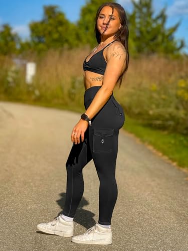 YEOREO CoreFlex Workout Cargo Leggings with Pockets for Women Hidden Scrunch Butt Lifting Leggings Gym Yoga Pants Black M