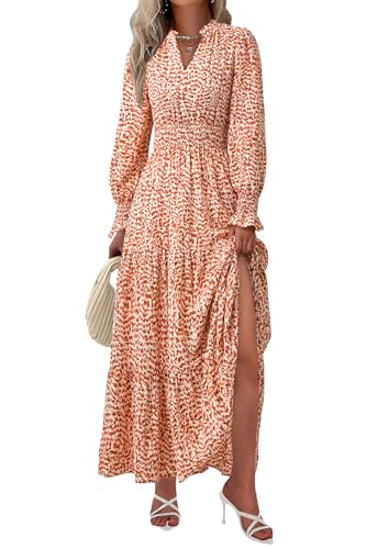PRETTYGARDEN Women's Floral Maxi Dress 2025 Fall Long Sleeve V Neck Casual A Line Long Flowy Boho Party Dresses (Floral Orange,Medium)
