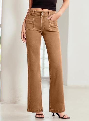 Sidefeel Women's Wide Leg Jeans Woman Fall Outfit Trendy Stretchy High Waisted Straight Leg Denim Pants Brown Size 8