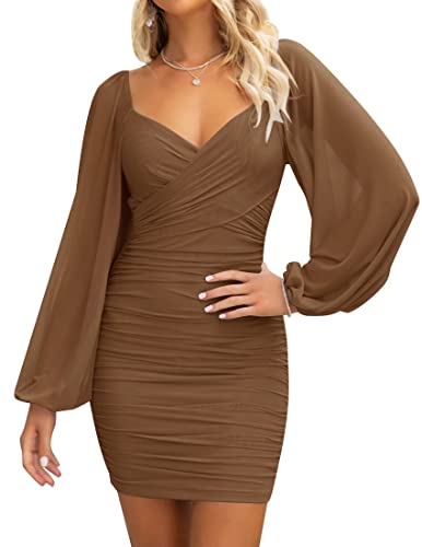 Christmas Party Dress - ZESICA Womens Sexy V Neck Ruched Bodycon Mini Dress Puff Long Sleeve Cocktail Wedding Party Short Dresses Coffee