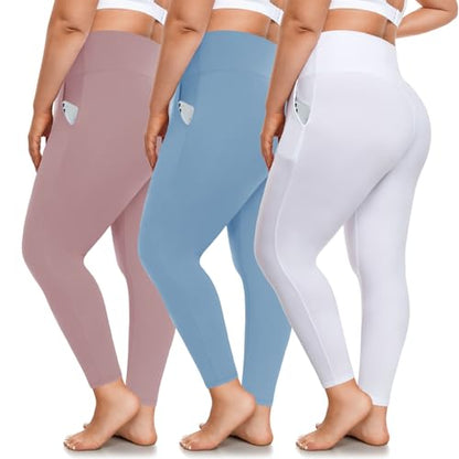 FULLSOFT 3 Pack Plus Size Leggings with Pockets for Women-High Waisted Tummy Control 1X-4X Soft Yoga Pants for Workout(Rosy+Blue++White 3X-Large)