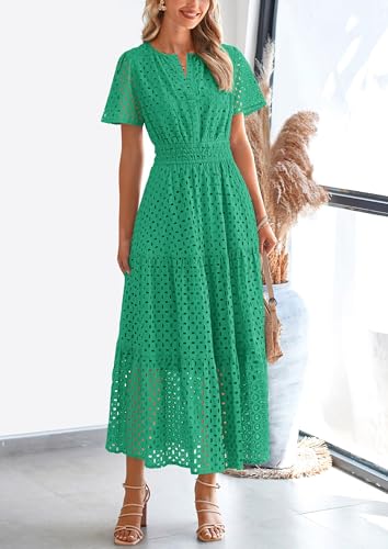 PRETTYGARDEN Womens 2025 Summer Maxi Dress Short Sleeve V Neck Hollow Out Eyelet A Line Long Flowy Beach Vacation Dresses (Green,Large)
