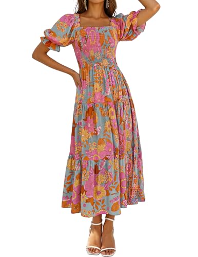 ZESICA Women's 2025 Summer Boho Floral Print Square Neck Ruffle Swing Beach Long Maxi Dress,GreyGreen,Large