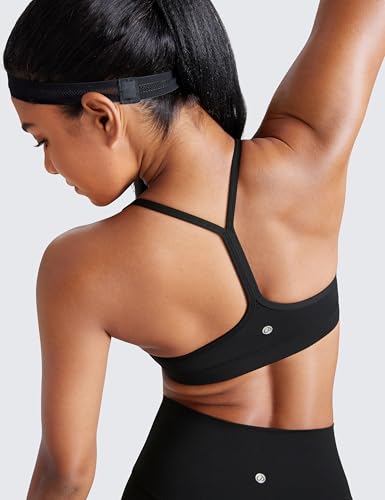 CRZ YOGA Butterluxe Y Back Sports Bras for Women - Padded Racerback Low Impact Spaghetti Thin Strap Workout Yoga Top Black Medium
