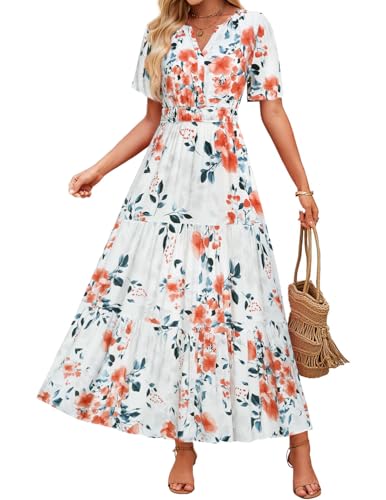 ZESICA Women's 2026 Summer Spring Floral Boho Maxi Dresses Casual Short Sleeve V Neck A Line Flowy Beach Vacation Dress Ivory Medium