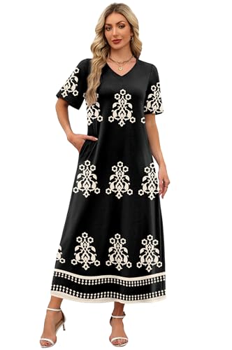 WIHOLL Dresses for Women 2026 Vacation Casual Maxi Summer Dress V Neck Cruise Outfits for Women Bohemia XL