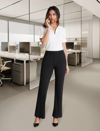 DLOODA Dress Work Pants Women Business Casual Slack Trousers Stretchy Pull On Office Flare Pants with Pockets（Black M）