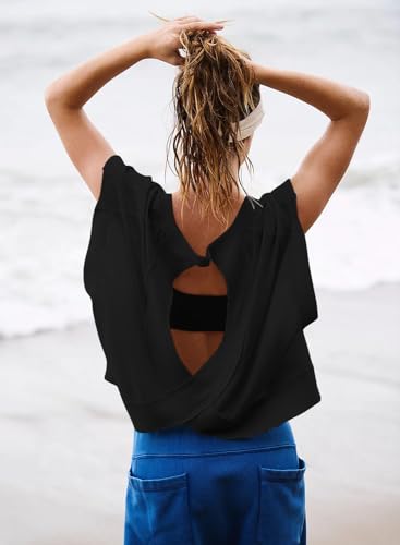 Kumufenc Women Short Sleeve Workout Shirts Open Back Tops Casual Yoga Y2k Athletic Gym Slouchy Crop Running Tees(Black,M)
