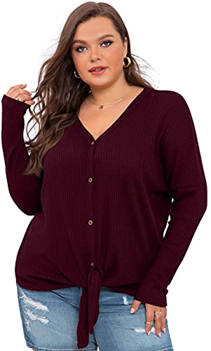 OLRIK Womens Plus Size Tops Long Sleeve V Neck Waffle Knit Tunic Blouse Tie Front Button Up T Shirts Wine Red-3X Plus