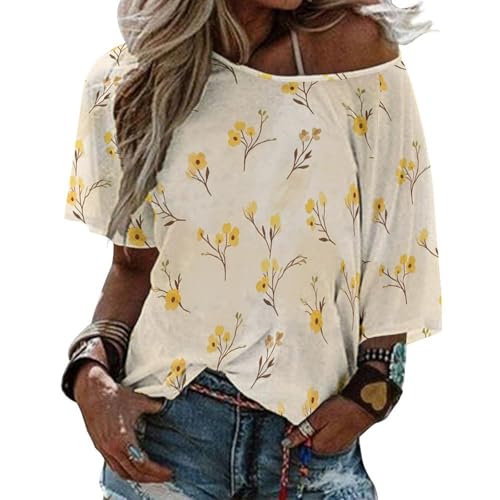 Off Shoulder Mid Sleeve Top Relaxed Fit Lightweight Women's Top Casual Fashion Simple Yellow Watercolor Spring Flower Pattern 2XL
