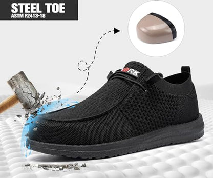 LARNMERN Slip On Steel Toe Shoes Men Lightweight Comfortable Walking Sneakers Safety Work Steel Toe Loafers(10.5 Men, Black)