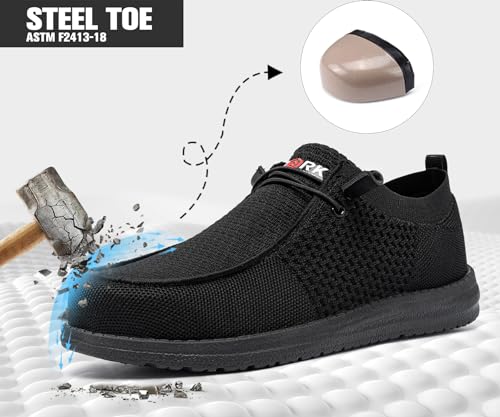 LARNMERN Slip On Steel Toe Shoes Men Lightweight Comfortable Walking Sneakers Safety Work Steel Toe Loafers(10.5 Men, Black)