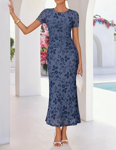 ZESICA Women's Summer Short Sleeve Floral Sun Dress 2026 Mesh Bodycon Wedding Guest Cocktail Party Maxi Dresses Dusty Blue Medium