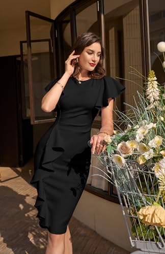 Memoriesea Women's Vintage Church Ruffle Sleeve Ruched Bodycon Work Midi Pencil Dress Black