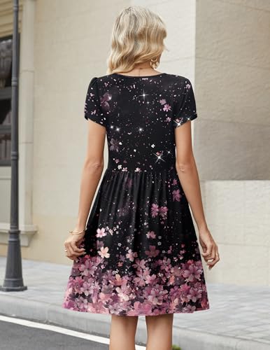 Zeagoo Beach Dress Women Short Sleeve Casual Floral Print A-Line Swing Mini Beach Sundress with Pockets Hawaiian Tropical Vacation Crew Neck