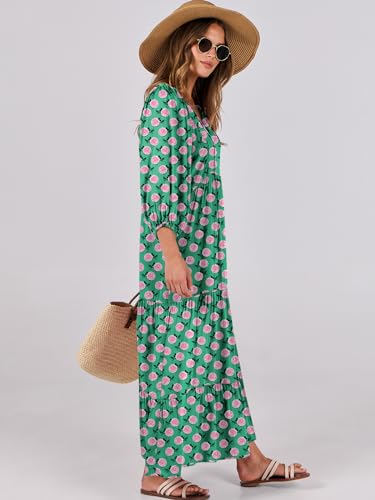 ANRABESS Womens Boho Maxi Dresses 2026 Summer V Neck Puff Sleeve Floral Flowy Swing Fall Casual Long Dress Green Small