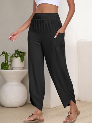 ANRABESS Womens Wide Leg Palazzo Capri Pants 2026 Summer Casual High Waisted Barrel Lounge Flowy Cropped Beach Work Trousers Black Large