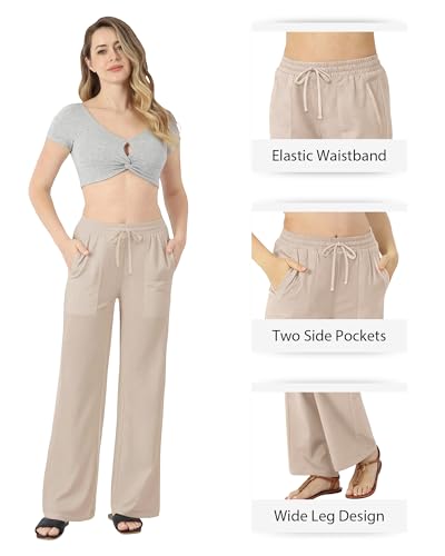 keriffe Womens Linen Casual Pants Wide Leg Summer Beach Palazzo Trousers with Pockets Khaki