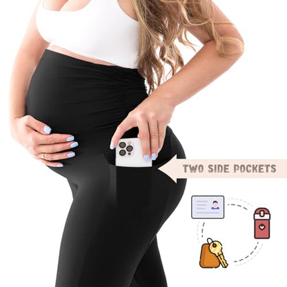 Walifrey Women's Maternity Leggings with Pockets Over The Belly,Pregnancy Yoga Pants Activewear Workout Leggings Dark Brown M