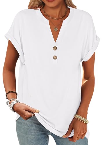 ANRABESS Womens Short Sleeve Henley Tops V Neck Dressy Casual Blouses Summer Trendy Tee Shirts 2026 Vacation Fashion Clothes White XL