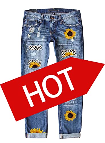 American Flag Pants - Astylish Womens Plaid Patch Ripped Boyfriend Distressed Stretch Skinny Denim Jeans with Hole Blue