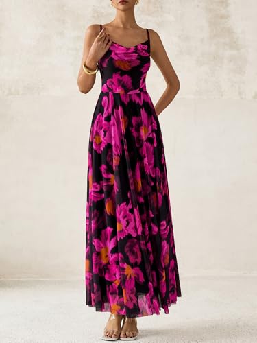 BTFBM Women Summer Floral Maxi Dresses Elegant Spaghetti Strap Dress Printed Party Dress Beach Long Dresses(Floral Black Rose Red,Large)