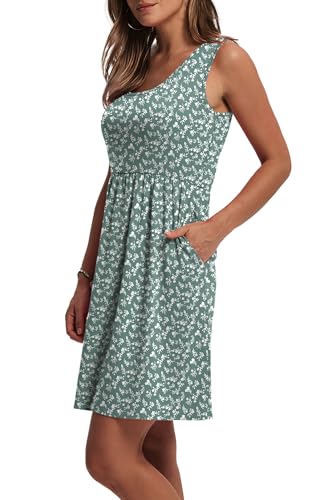 WIHOLL Summer Dresses for Women 2026 Sleeveless Spring Break Essentials Dresses for Women Casual Cute Beach Vacation Clothes Fashion Floral Dress Sundresses with Pockets Womens Sun Dress Green M