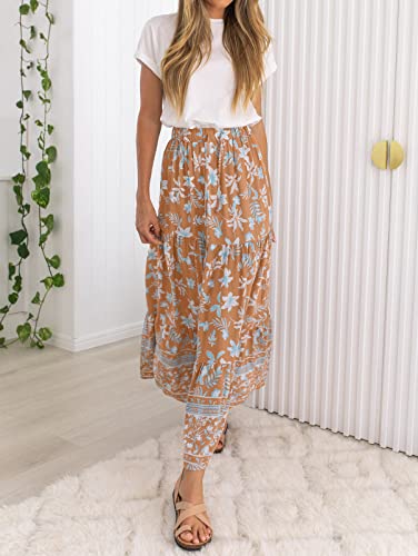 ZESICA Women's 2026 Summer Bohemian Floral Printed Elastic Waist A Line Maxi Skirt with Pockets Clay Medium